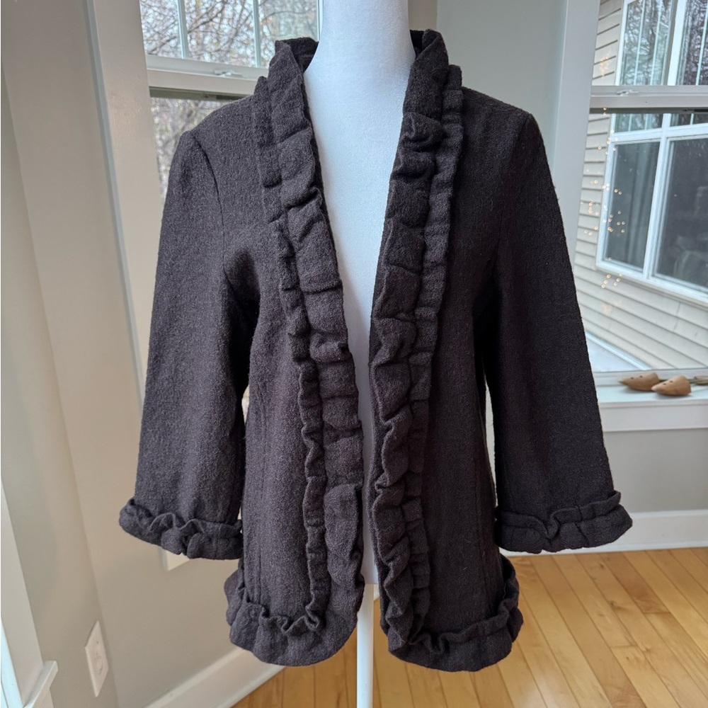 Vintage Susan Bristol Chocolate Brown Ruffle Collar Boiled Wool Sweater Jacket L